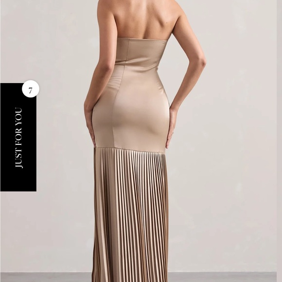 CLUBLLONDON - CHAMPAGNE SATIN BANDEAU PLEATED SPLIT MAXI DRESS - Picture 3 of 6